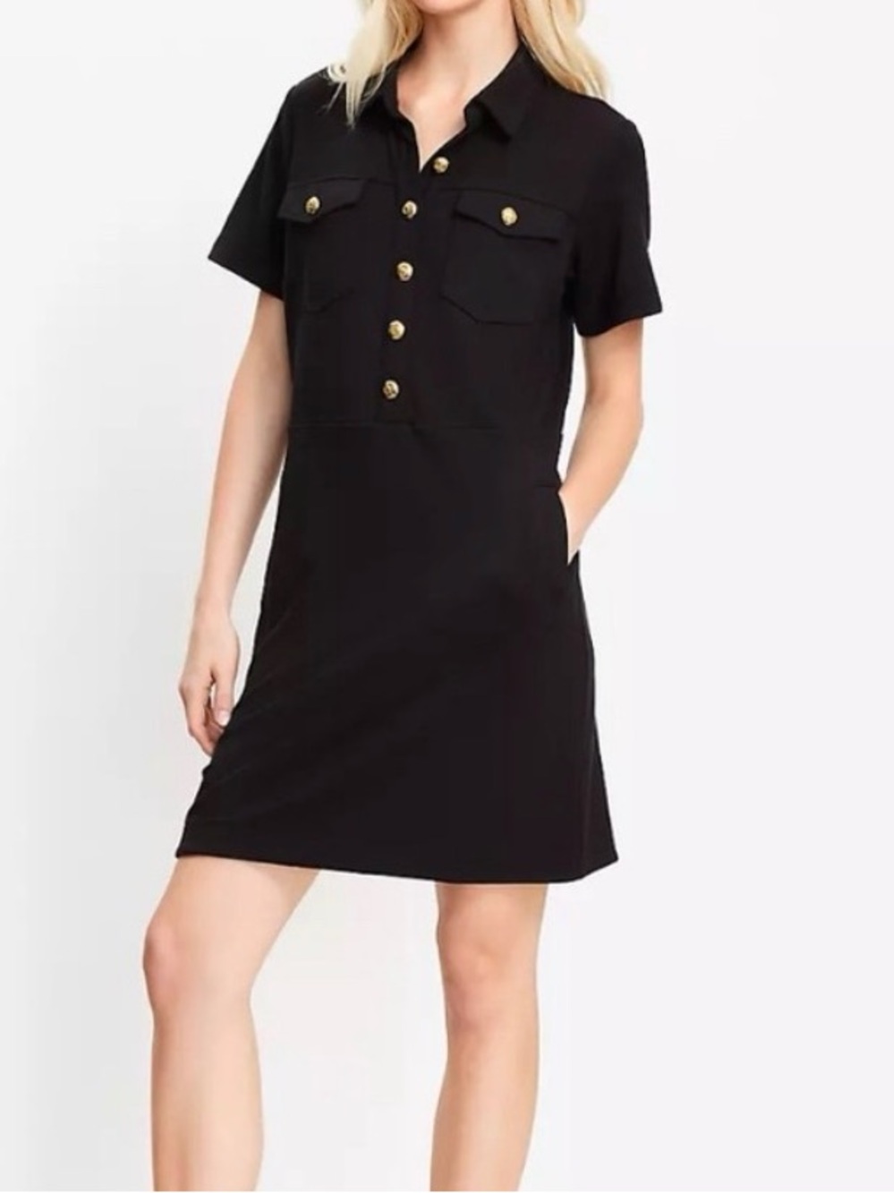 AT LOFT Black Short Sleeve Dress with Gold Buttons